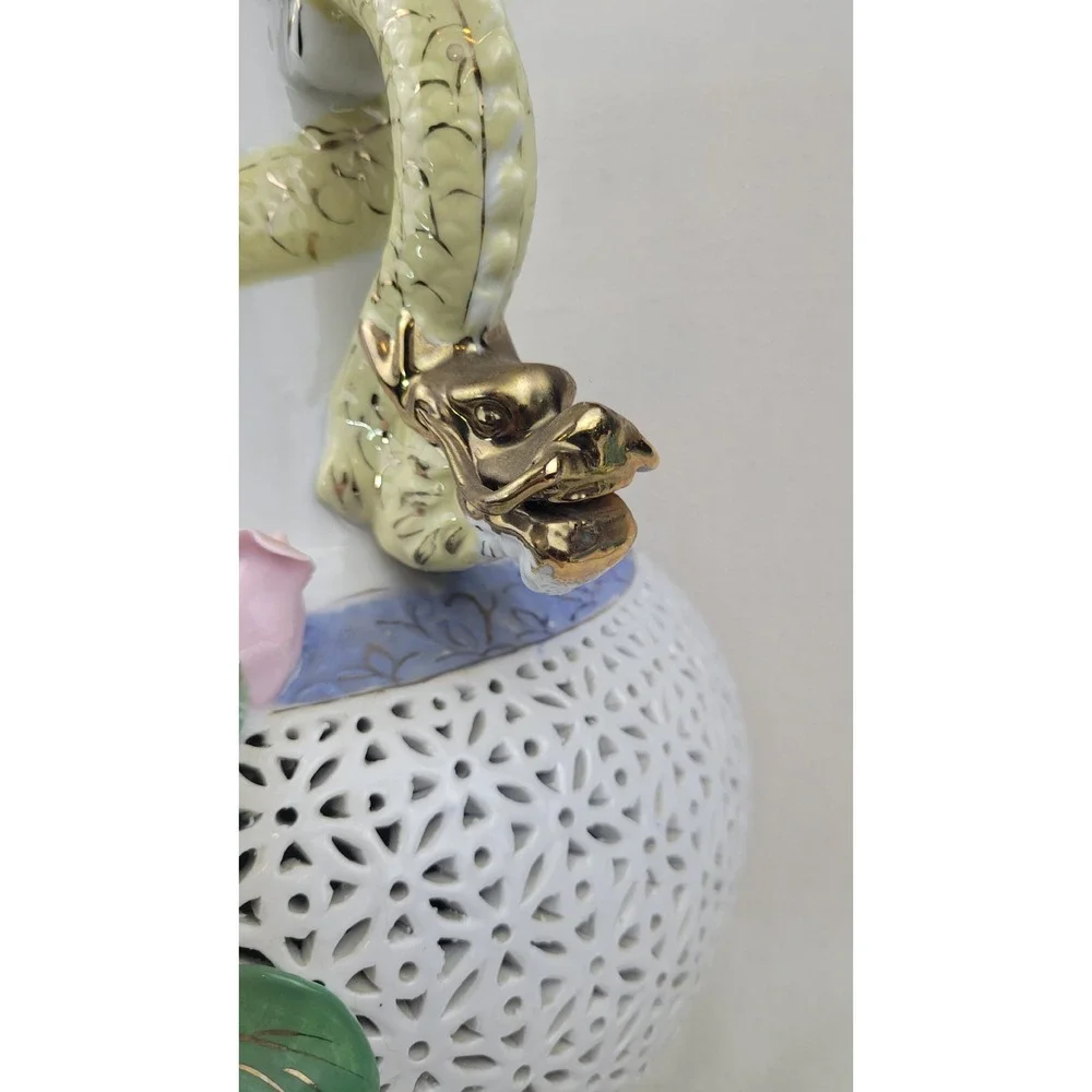 Vintage Large Porcelain Dragon Handle Reticulated Floral Vase Gold‎ Gilt 17 Inch